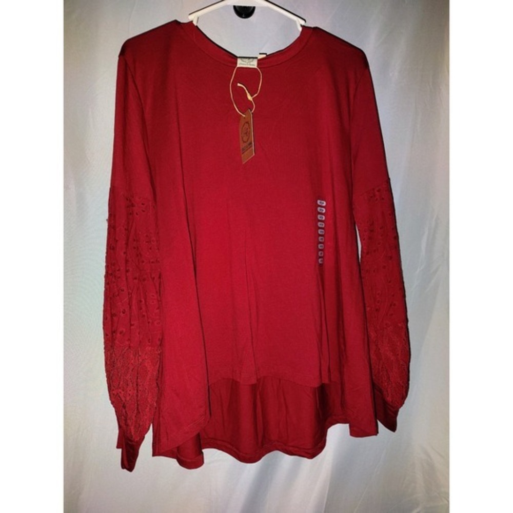 Grace & Emma Red Tunic Top Large Long Sleeve Lace Detail New